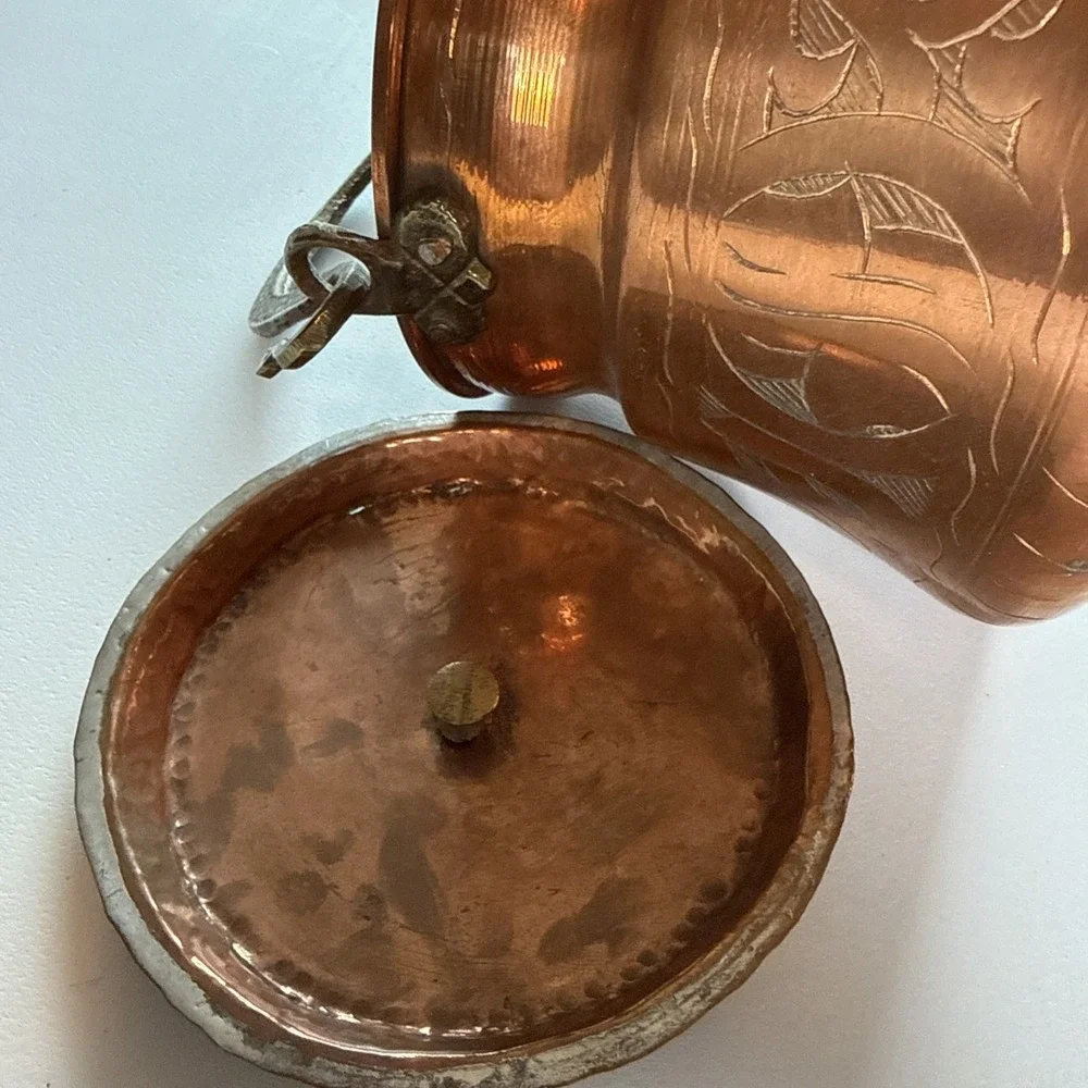 Antique Turkish Hand Hammered Copper Cauldron w/ Lid Etched Design Snake Handle